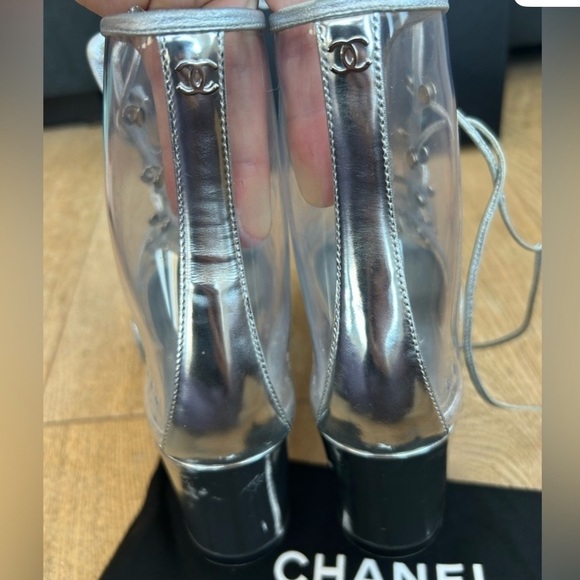 💕CHANEL Silver Leather Chain Transparent Open Toe Ankle Boots - Picture 6 of 9